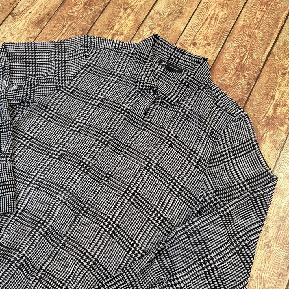 INC International Concepts Blouse Womens Large Black White Houndstooth Plaid